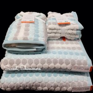 8pc Caro Home Bath Hand Washcloth Striped Dot Blue Gray Towel Set NEW